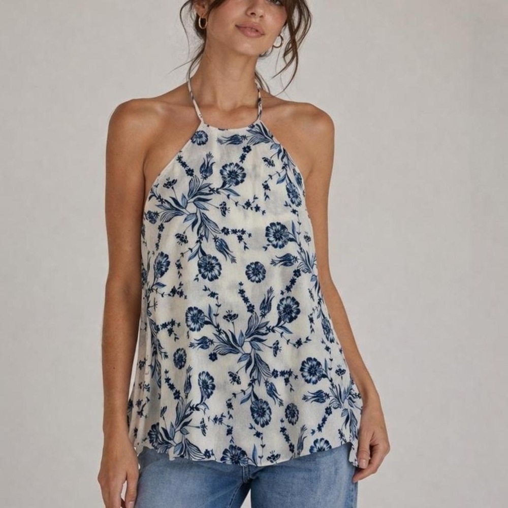 Show me your Mumu blue floral halter top Size S 0031